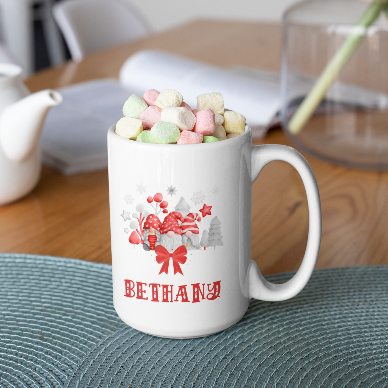 Large Christmas gnome mug. Savour your hot cocoa with a unique touch! Our personalised Gnome Christmas mug is a classic holiday design with your name, for a whimsical, festive feel. Enjoy your favourite drink with a special touch!