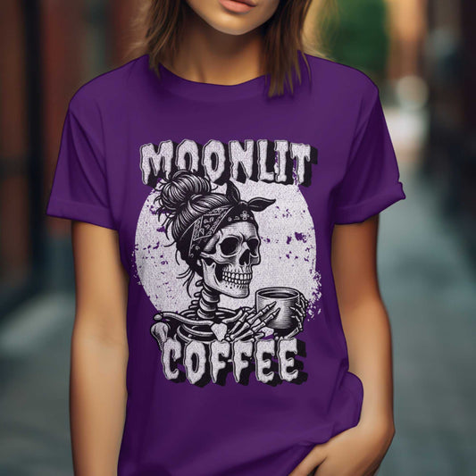 Moonlit Coffee Skeleton T-Shirt | Spooky Coffee Lover Tee | Gothic Women's Shirt | Halloween Gift | Unisex Sizes S-5XL | Quirky Skull Fashion