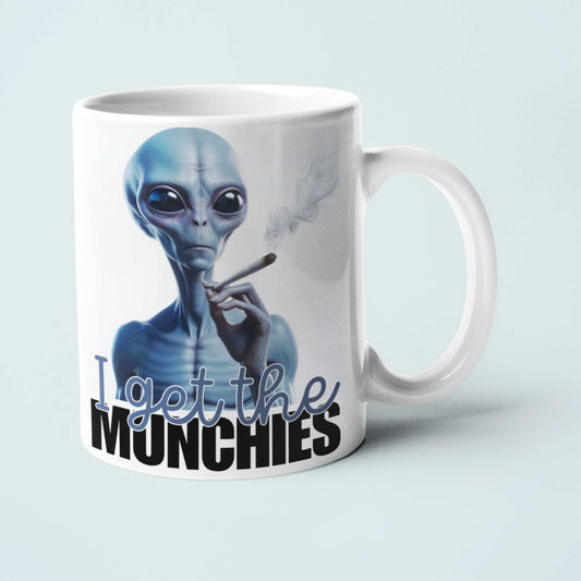 I Get the Munchies Stoner Blue Alien Mug - Funny Alien Smoking Mug, Quirky Coffee Cup, Hilarious Tea Mug, Humorous Weed Coaster