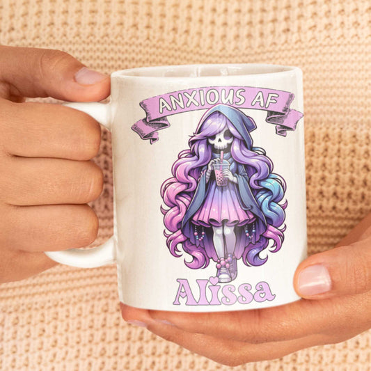 Anxious AF Grim Reaper Boba Tea Mug - Personalised Name Gift | Cute Goth Boba Mug for Teens | Funny Anxiety Cup | Halloween, Birthday, Mental Health Awareness Gift