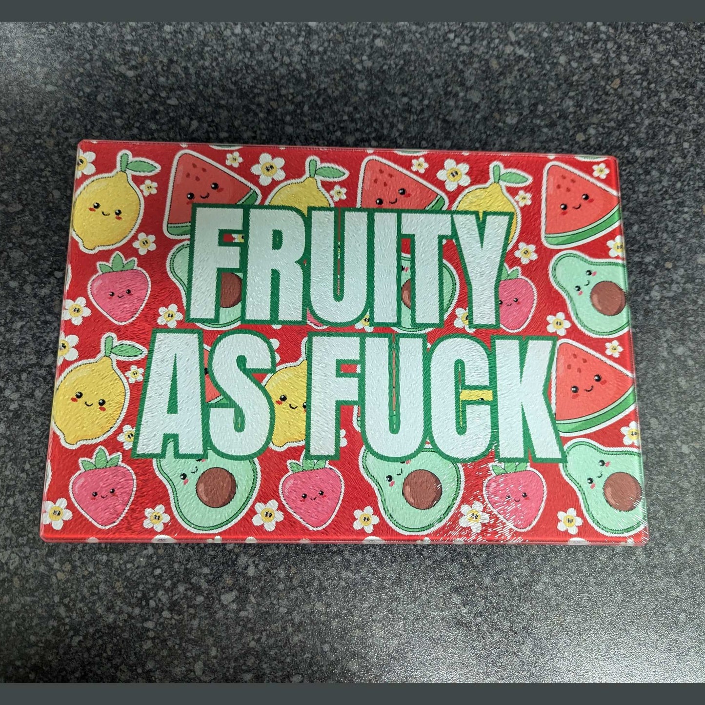 Fruity As Fuck Chinchilla Textured Glass Chopping Board - Colourful Kitchen Décor, Durable 28x20 cm