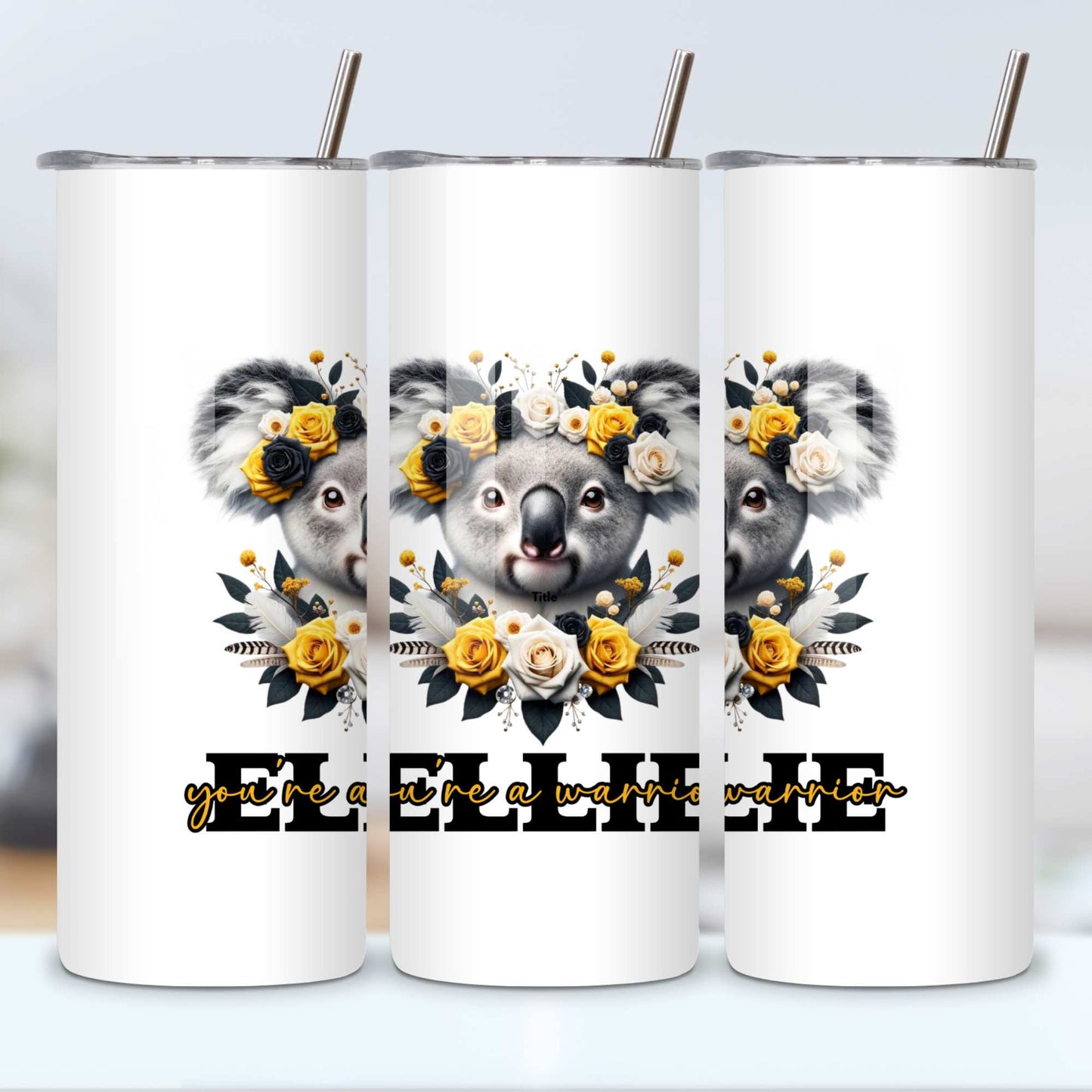 Koala Inspirational Mug & Tumbler Set - Personalizable 11oz/15oz Ceramic Mugs, 20oz Travel Tumbler, Colorful Coasters - "You're a Warrior" Collection