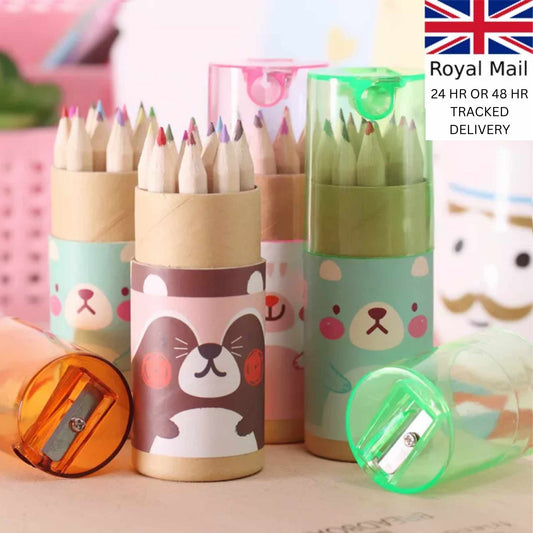 Animal Mini Colour Pencil Set with built in Sharpener | 12 Colour Pencils for Kids | Fits Inside Mugs | Perfect Party Favours & Creative Gifts