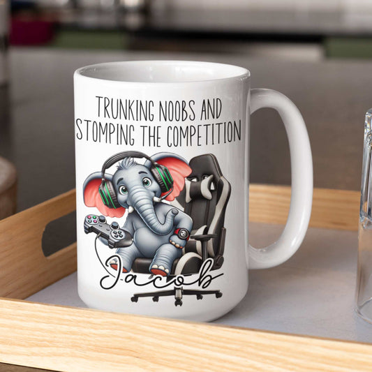 Trunking Noobs & Stomping the Competition Personalised Gamer Elephant Mug – Custom Name Gift for Gamers, Boys, Girls, Teens & Adults – Funny Gaming Mug for Birthdays & Christmas