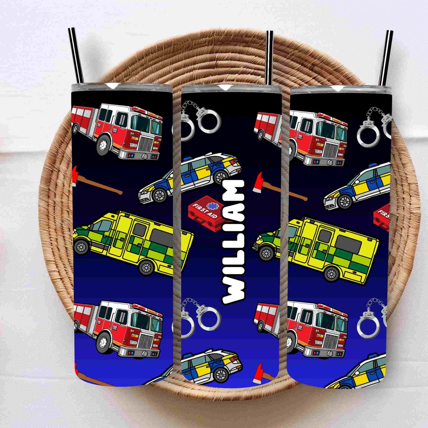 Emergency services police car fire engine ambulance tumbler personalised with any name