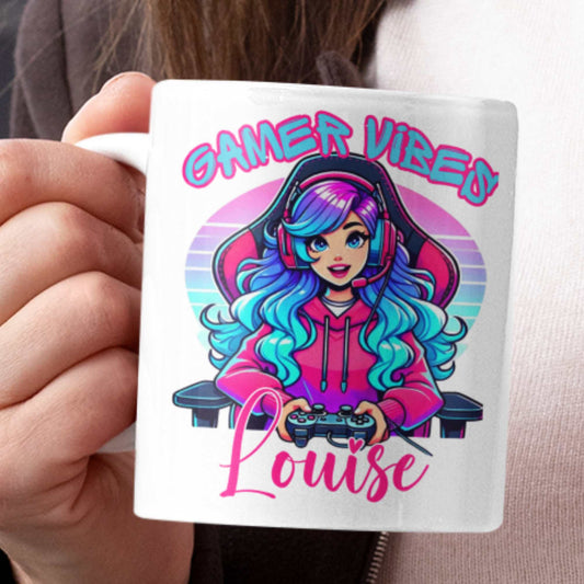 Personalised “Gamer Vibes” Mug or Tumbler – Custom Gift for Gamer Girls | Perfect for Birthdays, Christmas, Streamers & Gamers | Fun & Unique Gaming Drinkware with Name