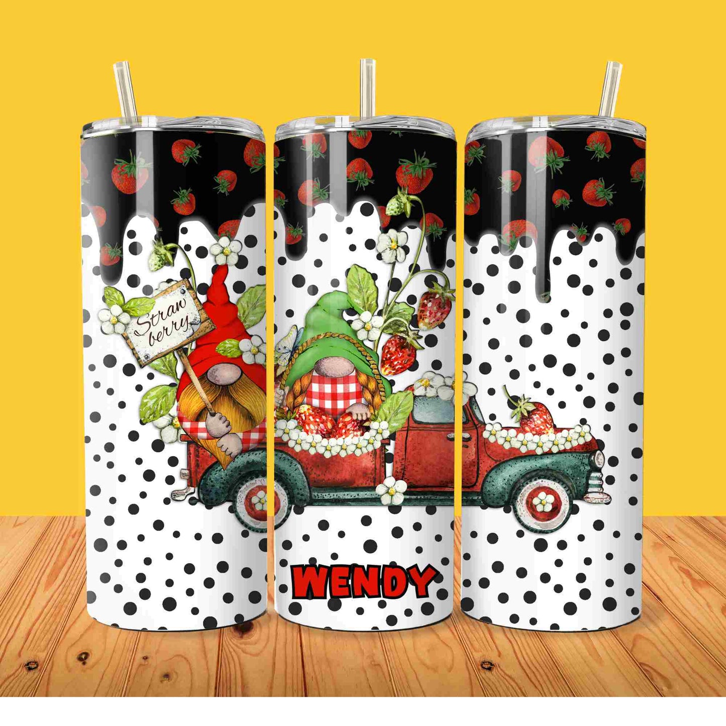 Strawberry polka dot gnome gonk personalised tumbler 20oz