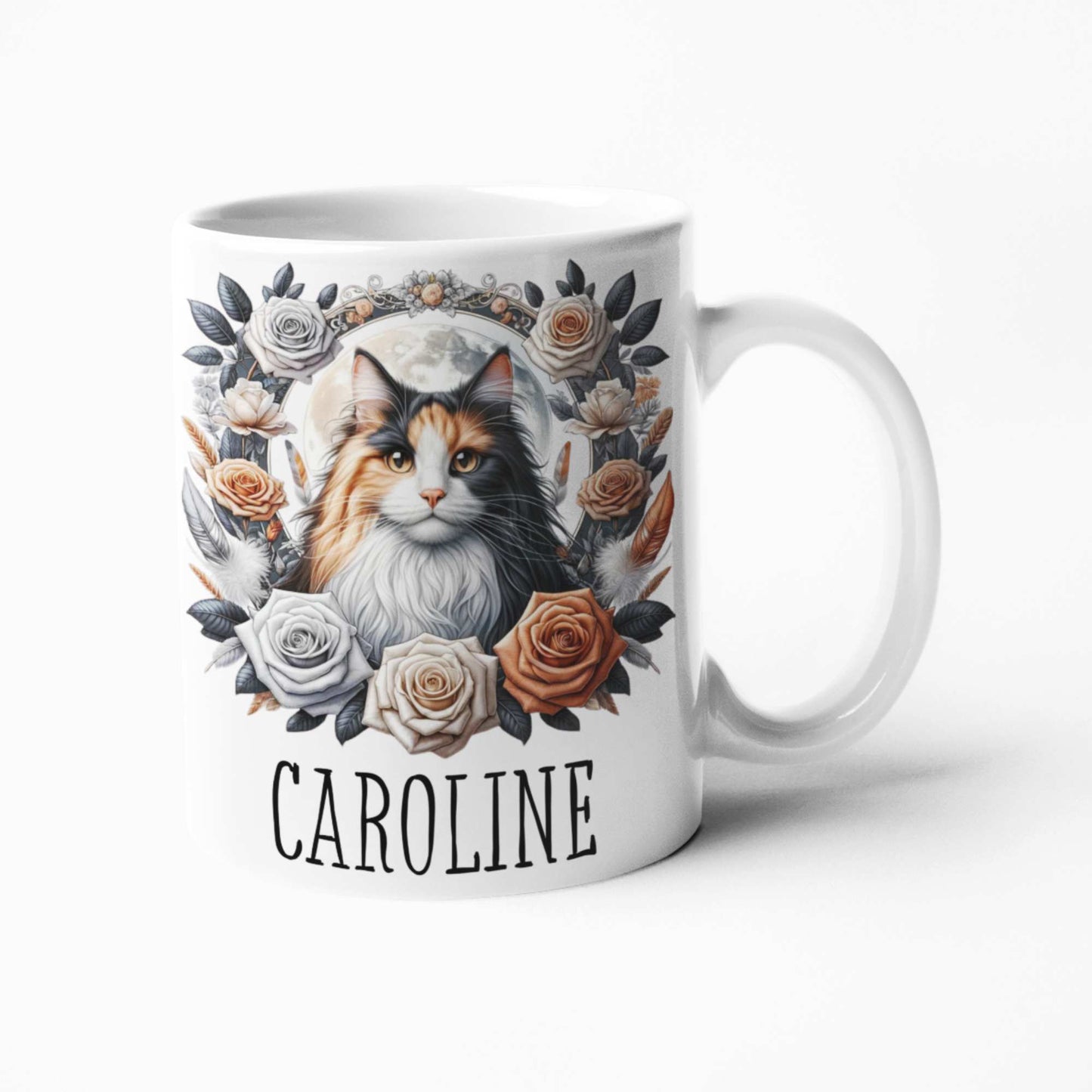 Calico long haired cat personalised tumbler, mug or coaster