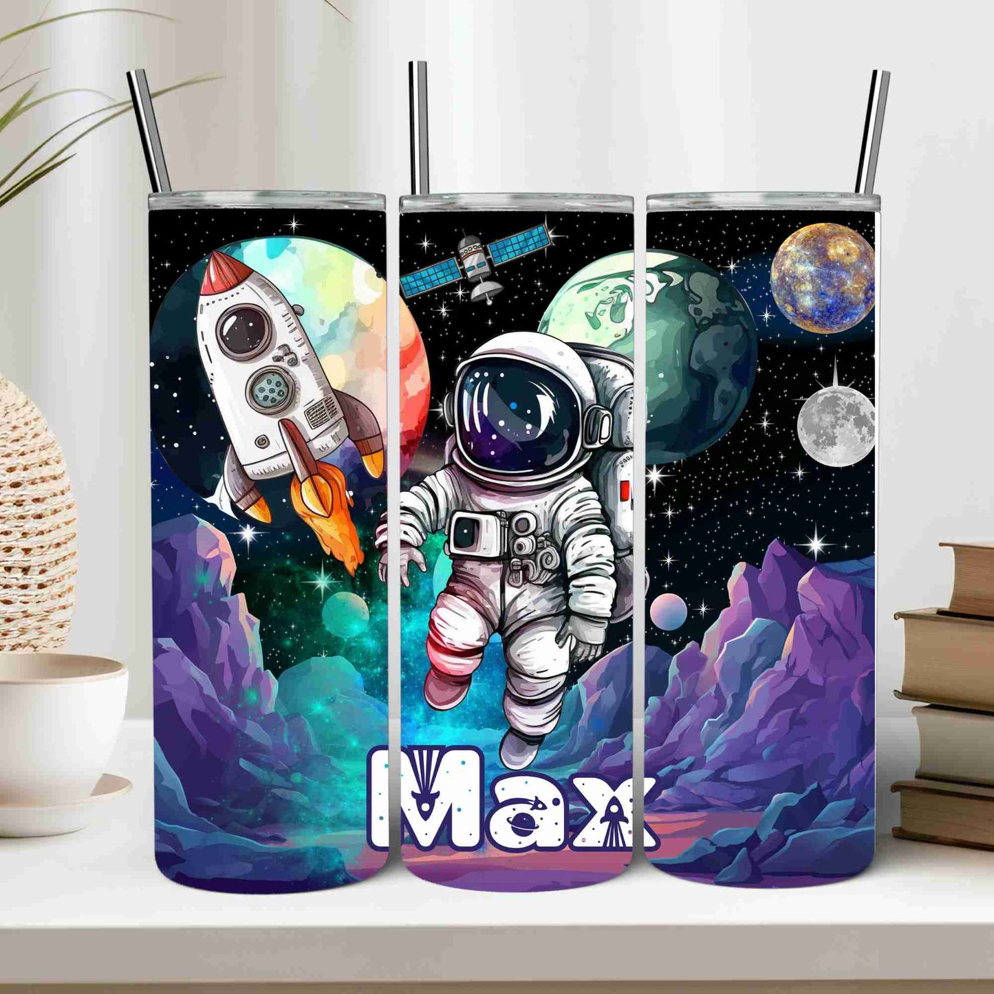 Space themed astronaut stars planets personalised tumbler 20oz