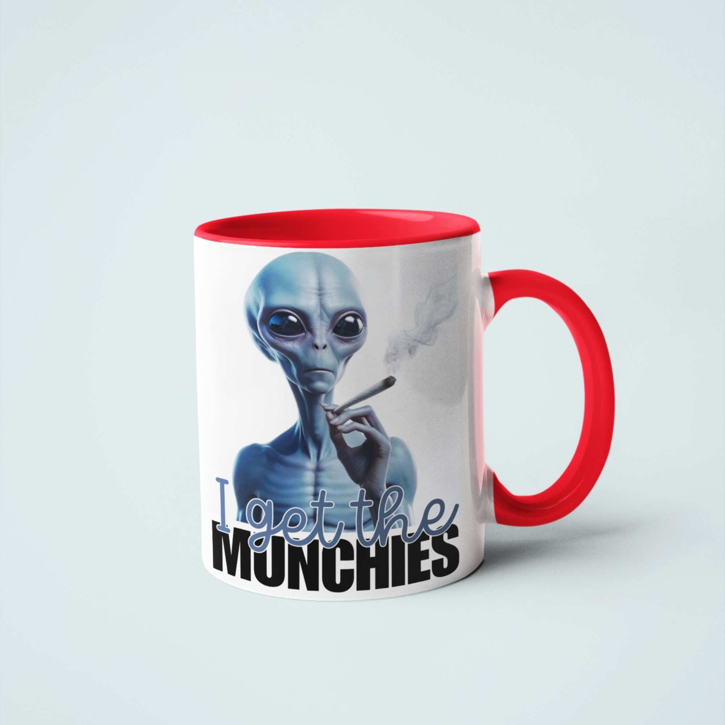 I Get the Munchies Stoner Blue Alien Mug - Funny Alien Smoking Mug, Quirky Coffee Cup, Hilarious Tea Mug, Humorous Weed Coaster