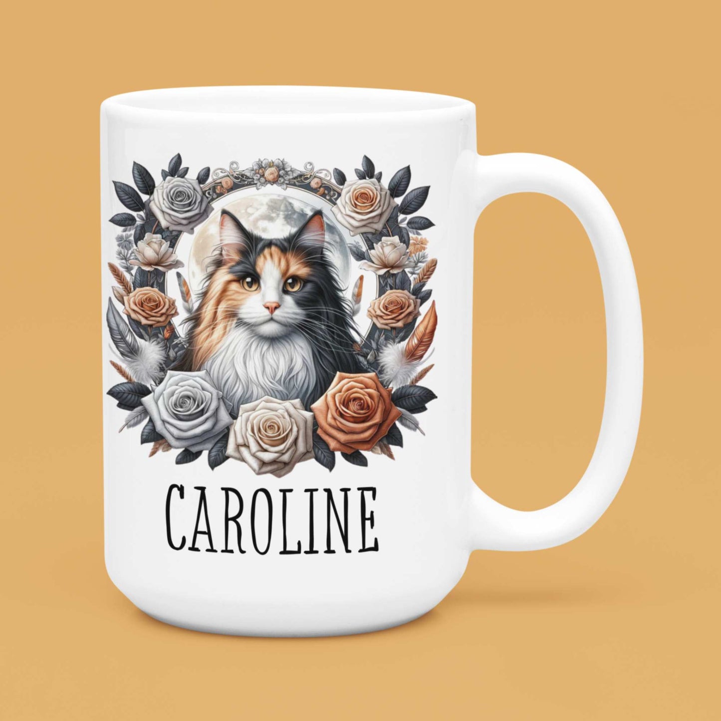 Calico long haired cat personalised tumbler, mug or coaster