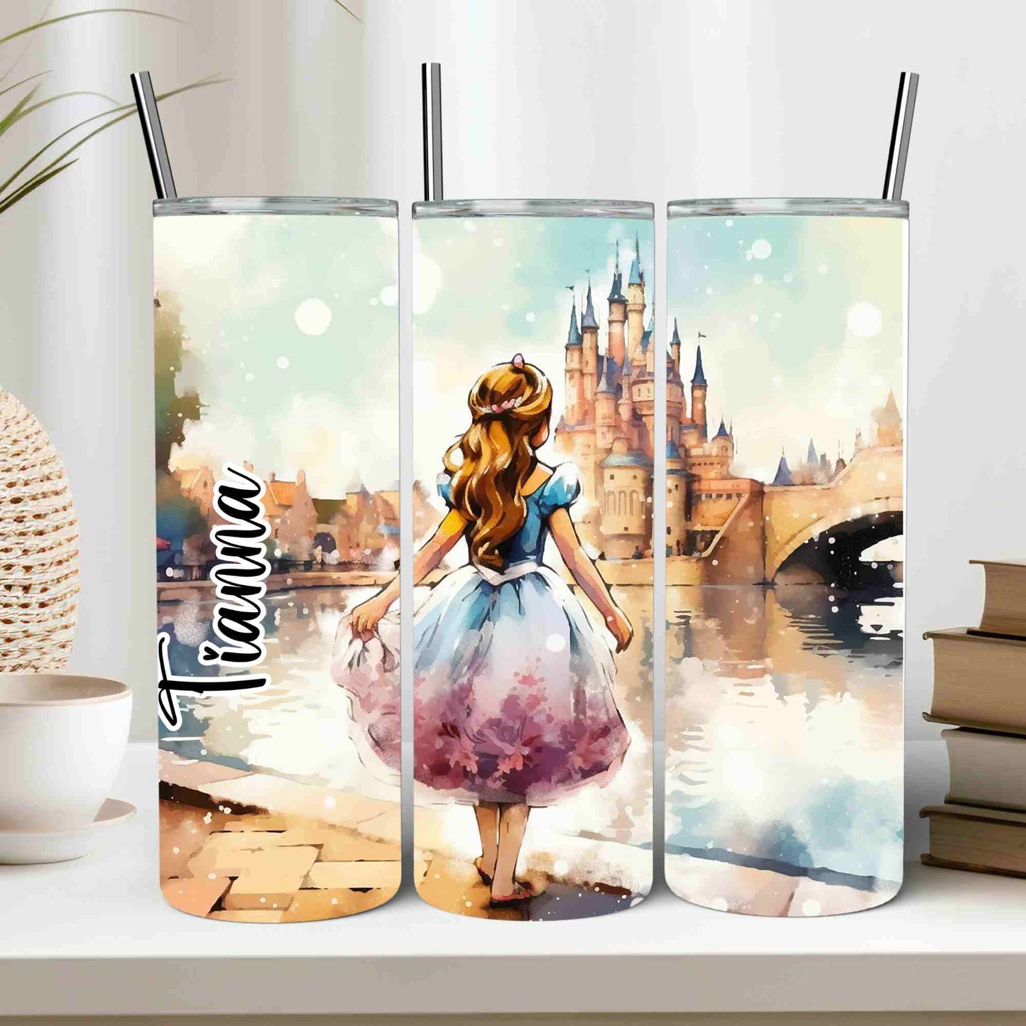 Princess with castle background personalised any name tumbler