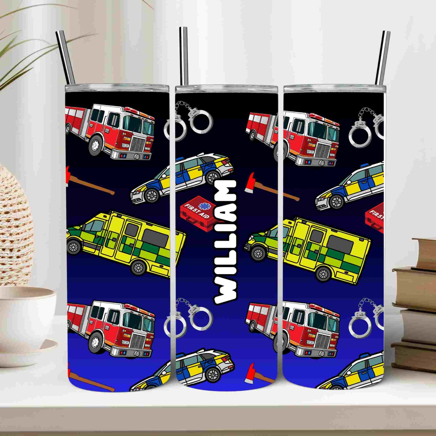 Emergency services police car fire engine ambulance tumbler personalised with any name