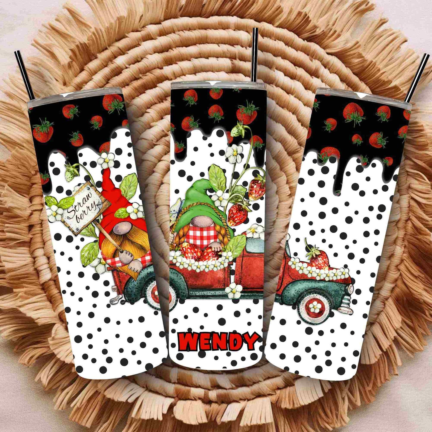 Strawberry polka dot gnome gonk personalised tumbler 20oz