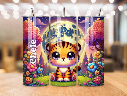Personalised Cute Baby Tiger Tumbler – Custom Name, 20oz Stainless Steel, Keeps Drinks Hot & Cold, Adorable Animal Design