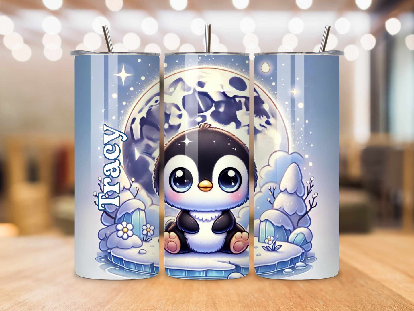 Adorable Baby Penguin Personalised Tumbler - Custom Name, Stainless Steel, Insulated travel cup with straw