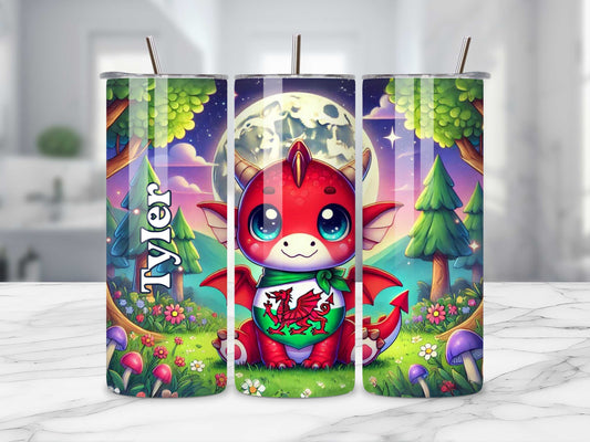 Welsh Flag Baby Dragon Tumbler - Personalised 20oz Stainless Steel Insulated Cup, Custom Name Gift, Keeps Drinks Hot or Cold, Fantasy Dragon Design, Spill-Proof Travel Mug