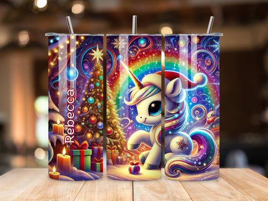 Personalised Unicorn Christmas Tumbler, Festive Kids Drinkware, Stainless Steel Insulated Tumbler with Straw