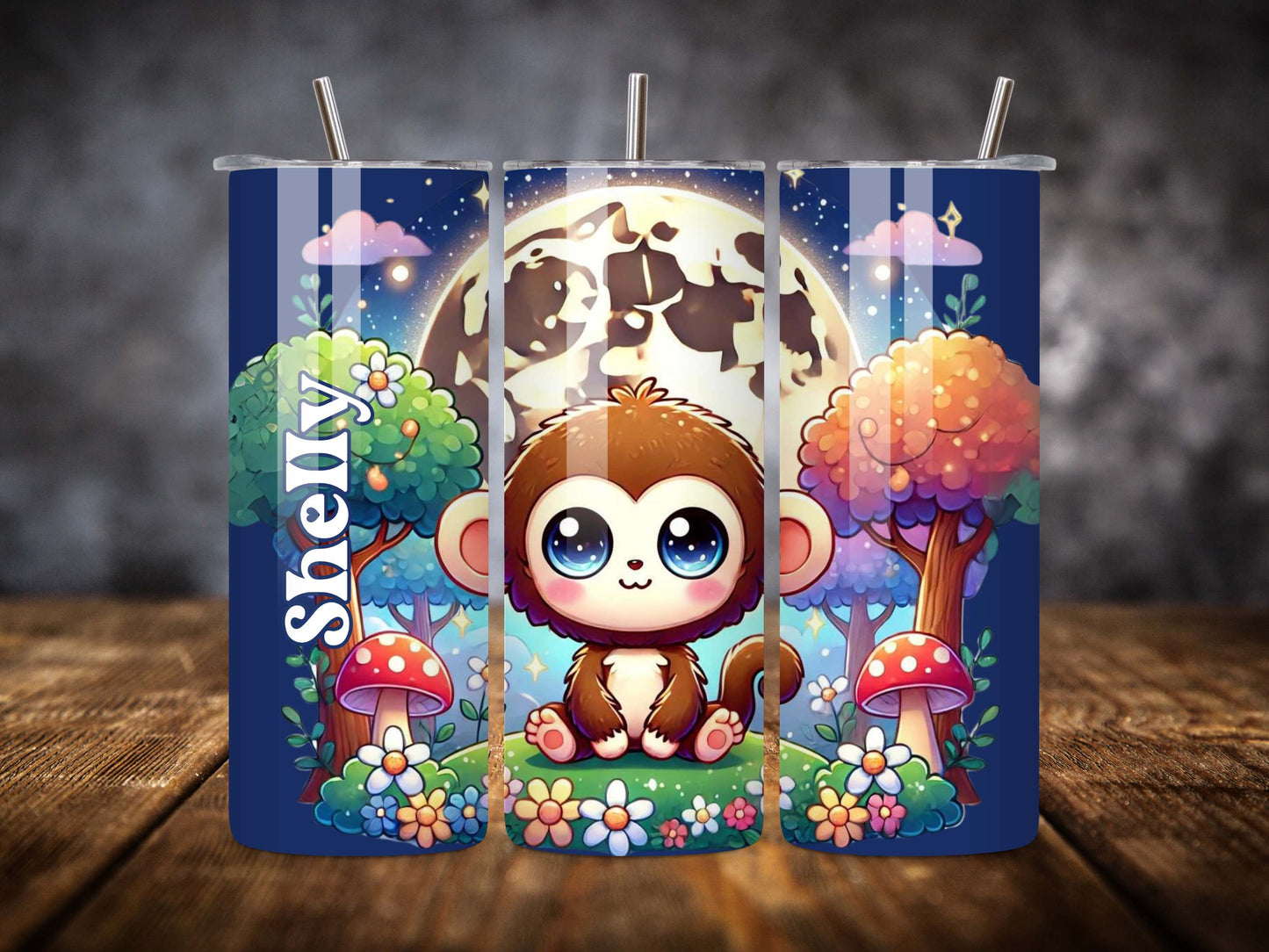 Adorable Kawaii Monkey Personalised Tumbler – Custom Name Baby Animal Design