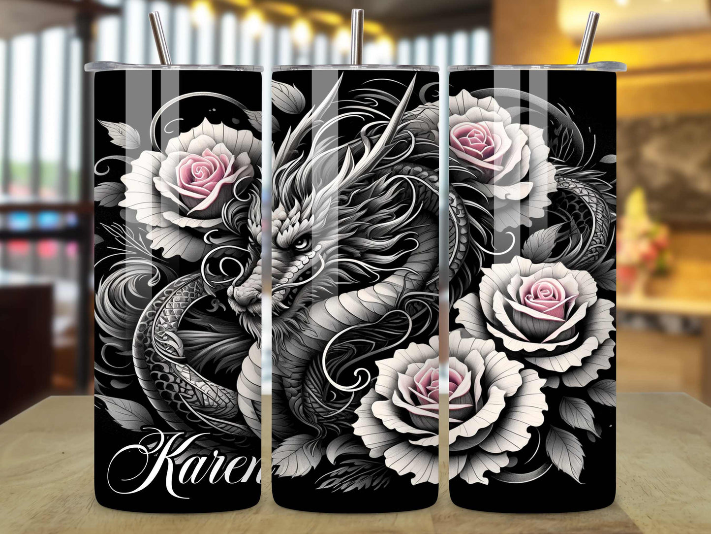 Personalised Dragon and Roses Tumbler - Custom Name 20oz Stainless Steel Tumbler