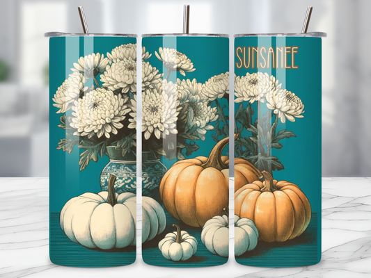 Vintage Floral & Pumpkin Design Personalised Tumbler - 20oz Stainless Steel, Spill-Proof Lid, Reusable Straws