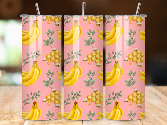 Buzzing Bananas & Honeycomb Tumbler – 20oz Stainless Steel, Insulated Travel Mug, Cute Pink Design, Eco-Friendly Reusable Straws