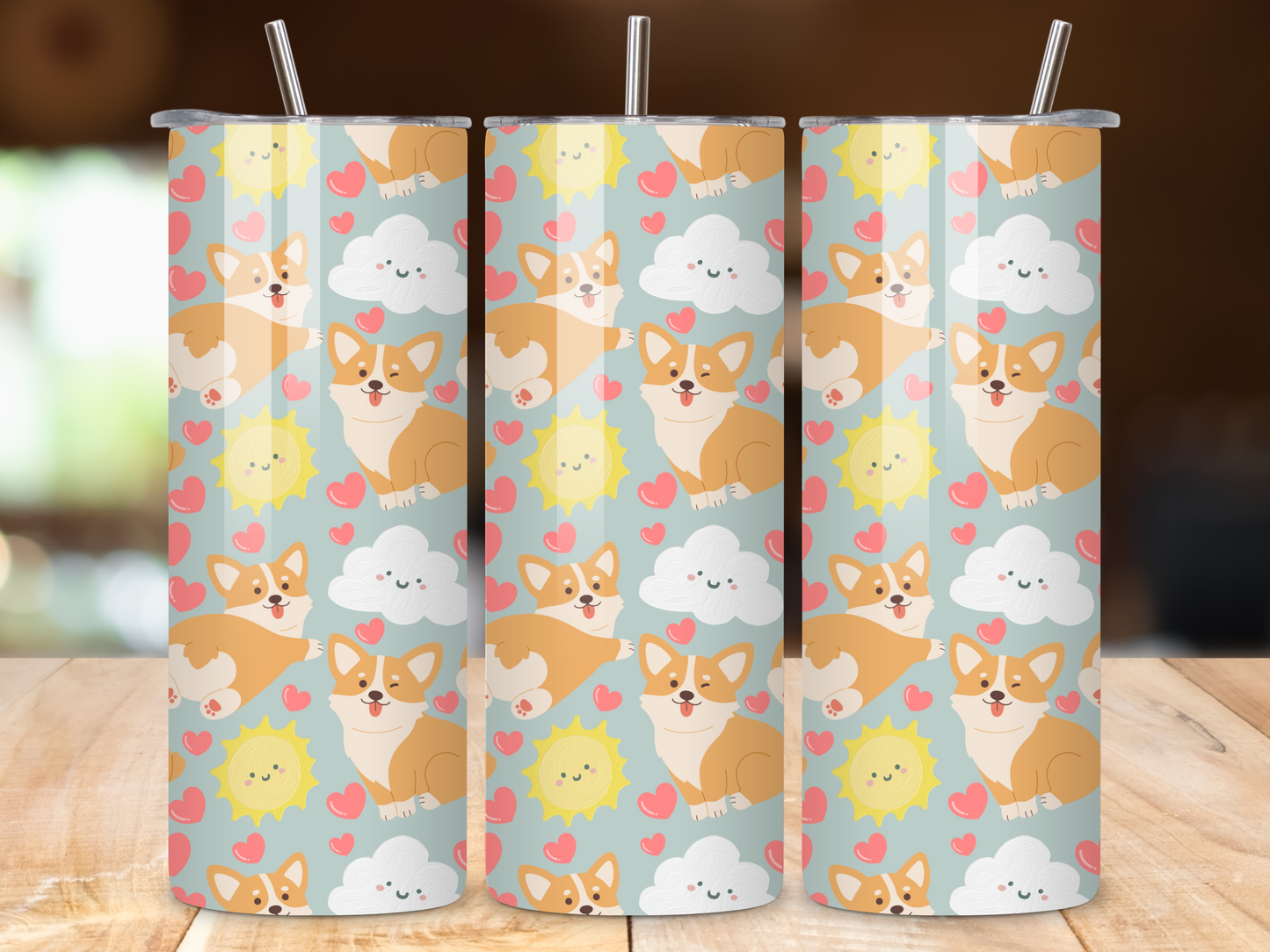 Adorable Corgi Pattern Tumbler – 20oz Stainless Steel Travel Mug, Cute Dog Lover Gift, Insulated Drinkware with Straw