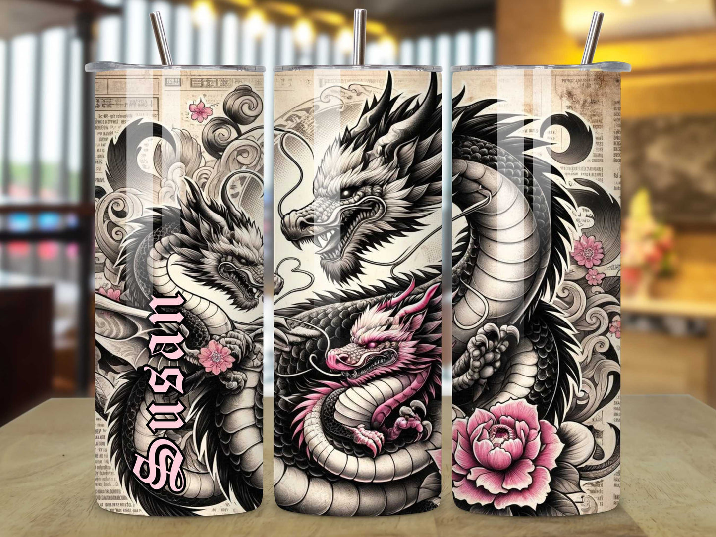 Majestic Mother Dragon with Her Children 20oz Tumbler - Black, Pink & White Tattoo Style, Stainless Steel, Personalised Drinkware, Spill-Proof, Hot & Cold