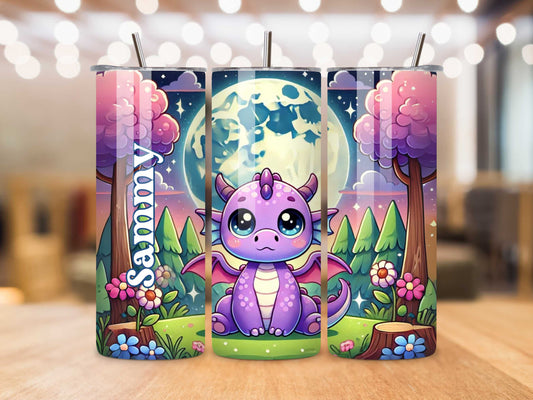 Personalised Purple Baby Dragon Tumbler – Custom Name, 20oz Stainless Steel, Keeps Drinks Hot & Cold, Adorable Animal Design