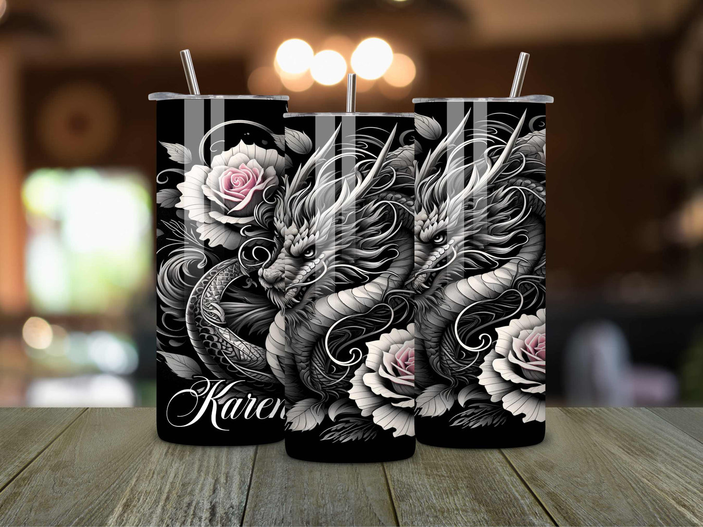 Personalised Dragon and Roses Tumbler - Custom Name 20oz Stainless Steel Tumbler