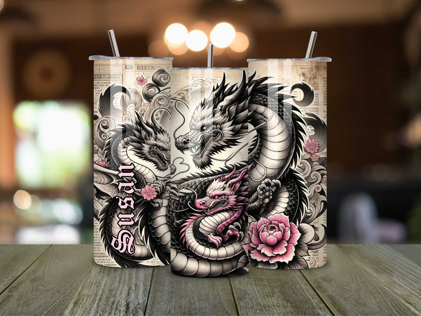 Majestic Mother Dragon with Her Children 20oz Tumbler - Black, Pink & White Tattoo Style, Stainless Steel, Personalised Drinkware, Spill-Proof, Hot & Cold