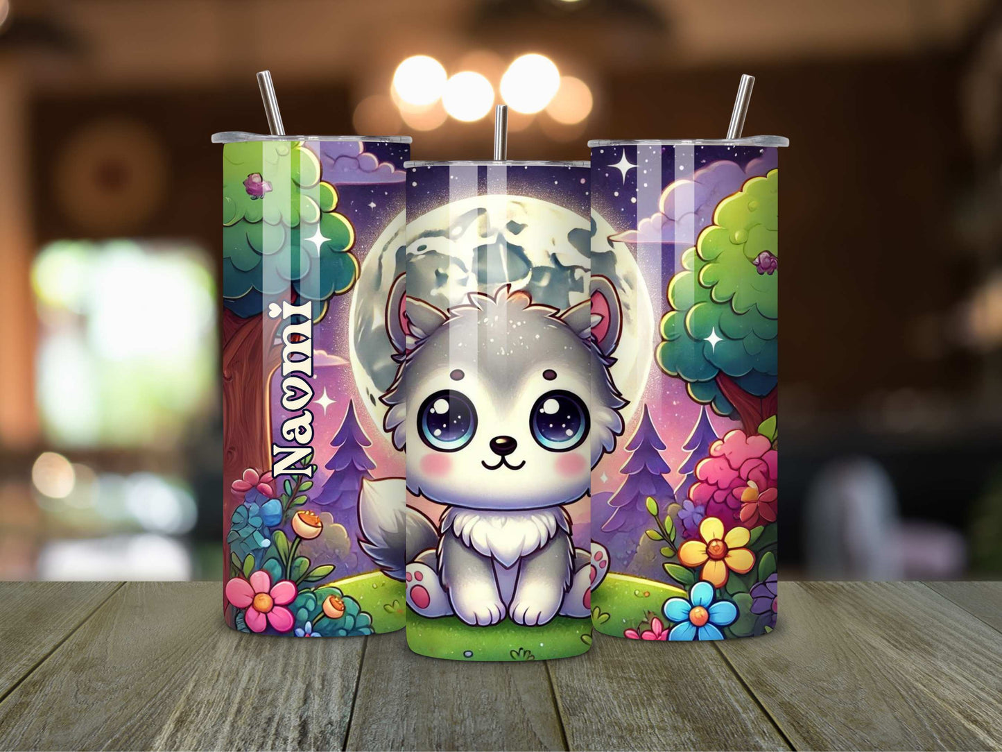 Personalised Cute Wolf Tumbler – 20oz Stainless Steel, Keeps Drinks Hot & Cold kids adult birthday Christmas gift ideas 2024