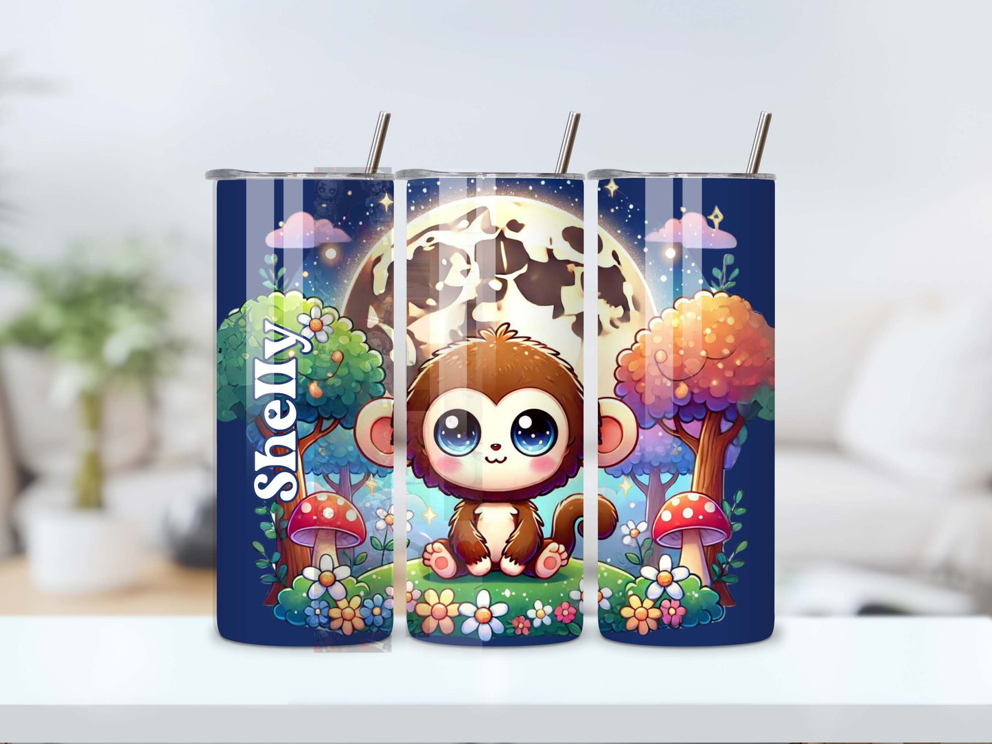 Adorable Kawaii Monkey Personalised Tumbler – Custom Name Baby Animal Design