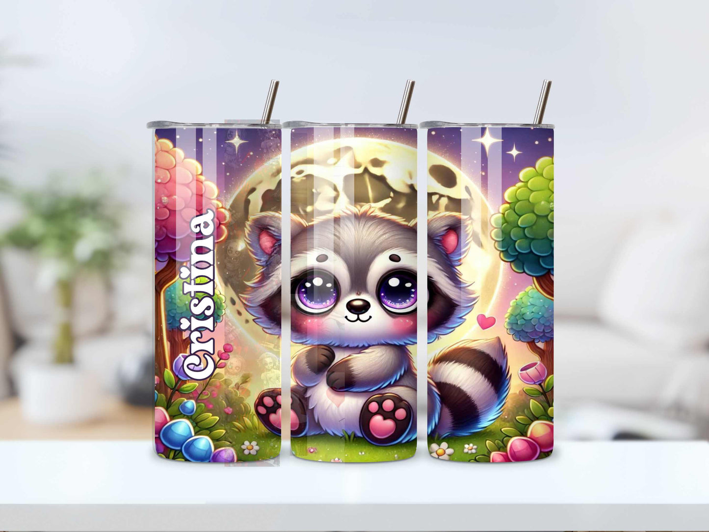 Personalised Cute Raccoon Tumbler - Kawaii Moon Design, Custom Name, 20oz Stainless Steel