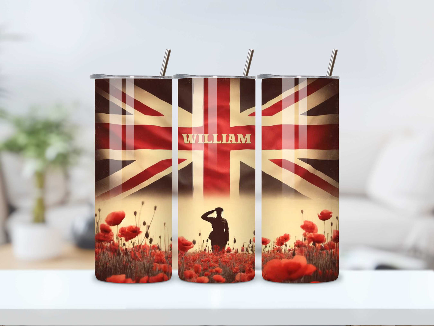 Personalised Union Jack Poppy Tumbler - World War 2 Tribute, Custom Name, 20oz Stainless Steel