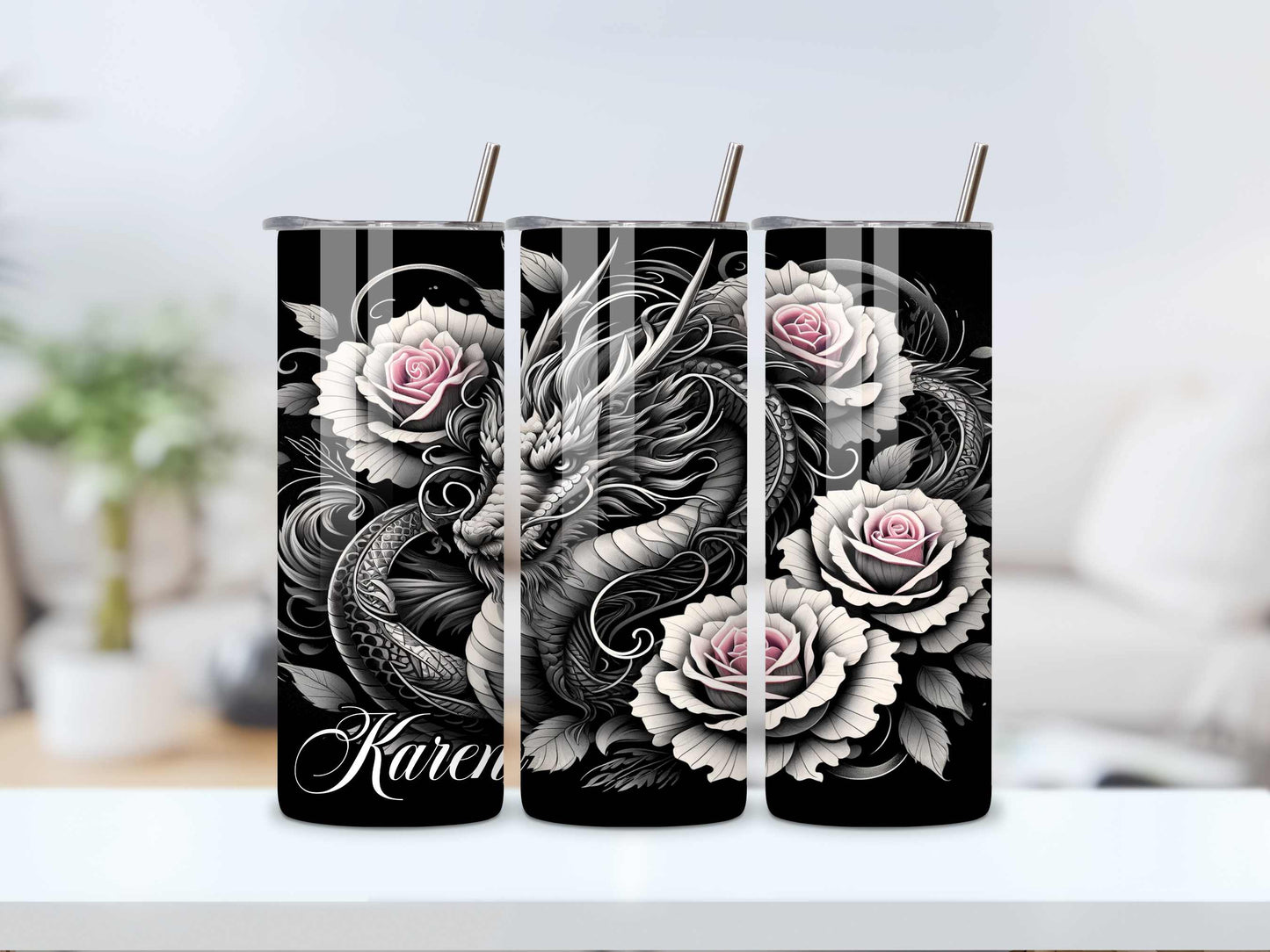 Personalised Dragon and Roses Tumbler - Custom Name 20oz Stainless Steel Tumbler