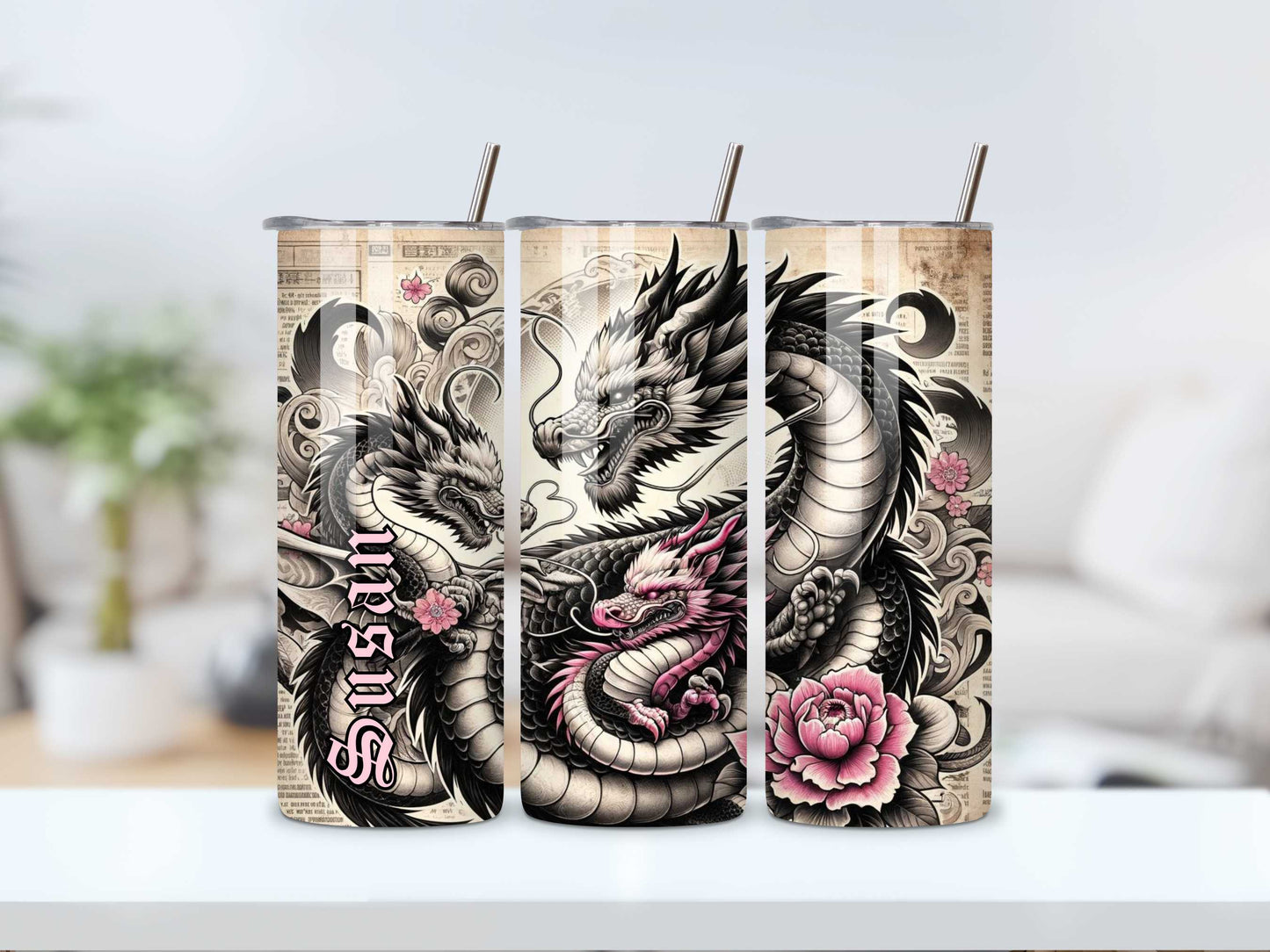 Majestic Mother Dragon with Her Children 20oz Tumbler - Black, Pink & White Tattoo Style, Stainless Steel, Personalised Drinkware, Spill-Proof, Hot & Cold