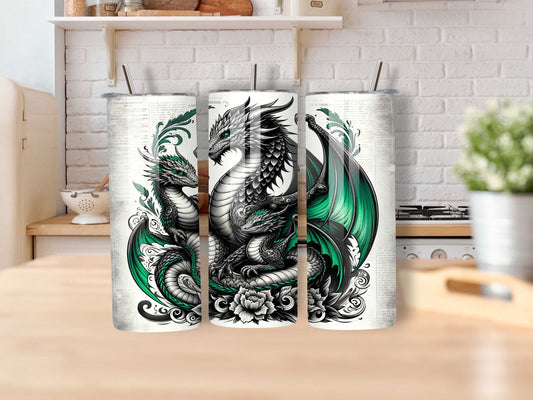 Majestic Mother Dragon with Her Children 20oz Tumbler - Emerald Green, Tattoo Style, Stainless Steel, Spill-Proof, Hot & Cold Drinkware