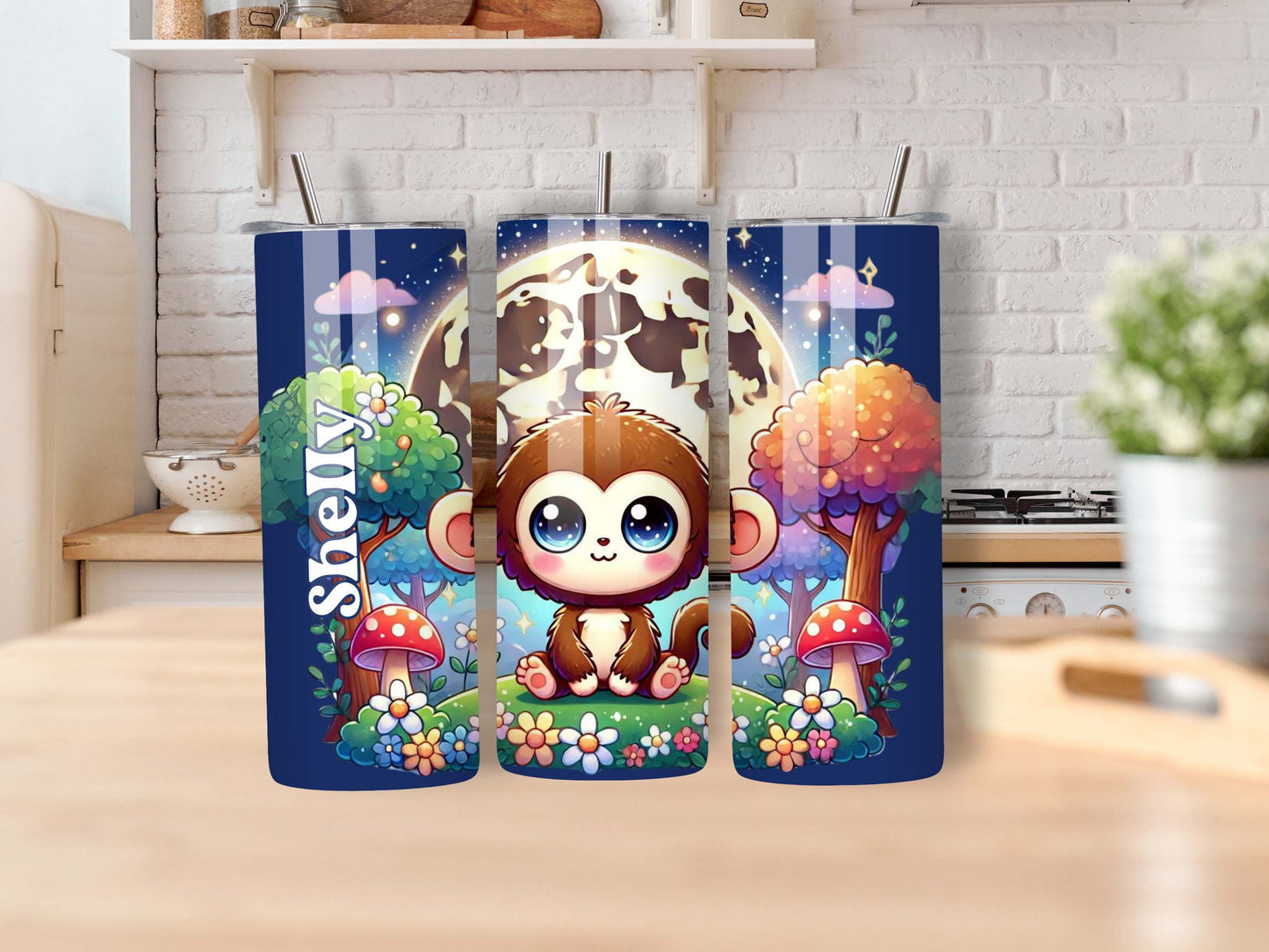 Adorable Kawaii Monkey Personalised Tumbler – Custom Name Baby Animal Design