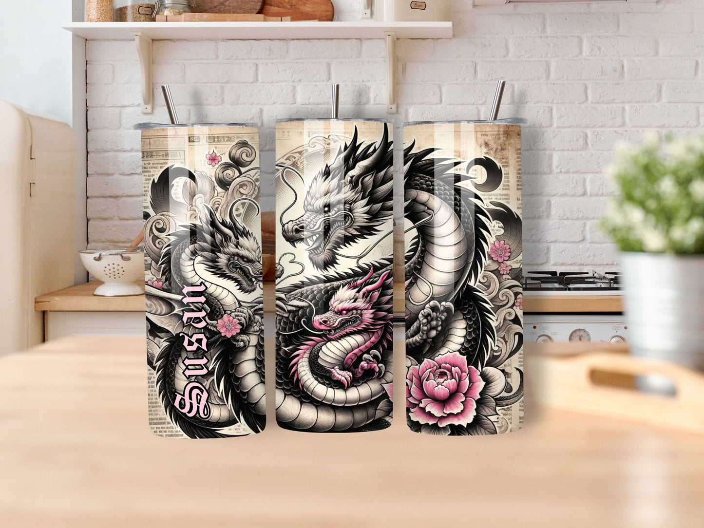 Majestic Mother Dragon with Her Children 20oz Tumbler - Black, Pink & White Tattoo Style, Stainless Steel, Personalised Drinkware, Spill-Proof, Hot & Cold