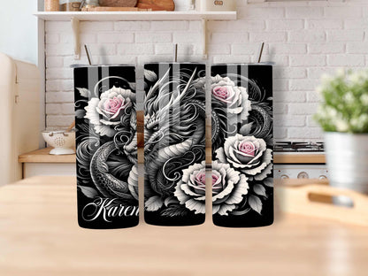 Personalised Dragon and Roses Tumbler - Custom Name 20oz Stainless Steel Tumbler