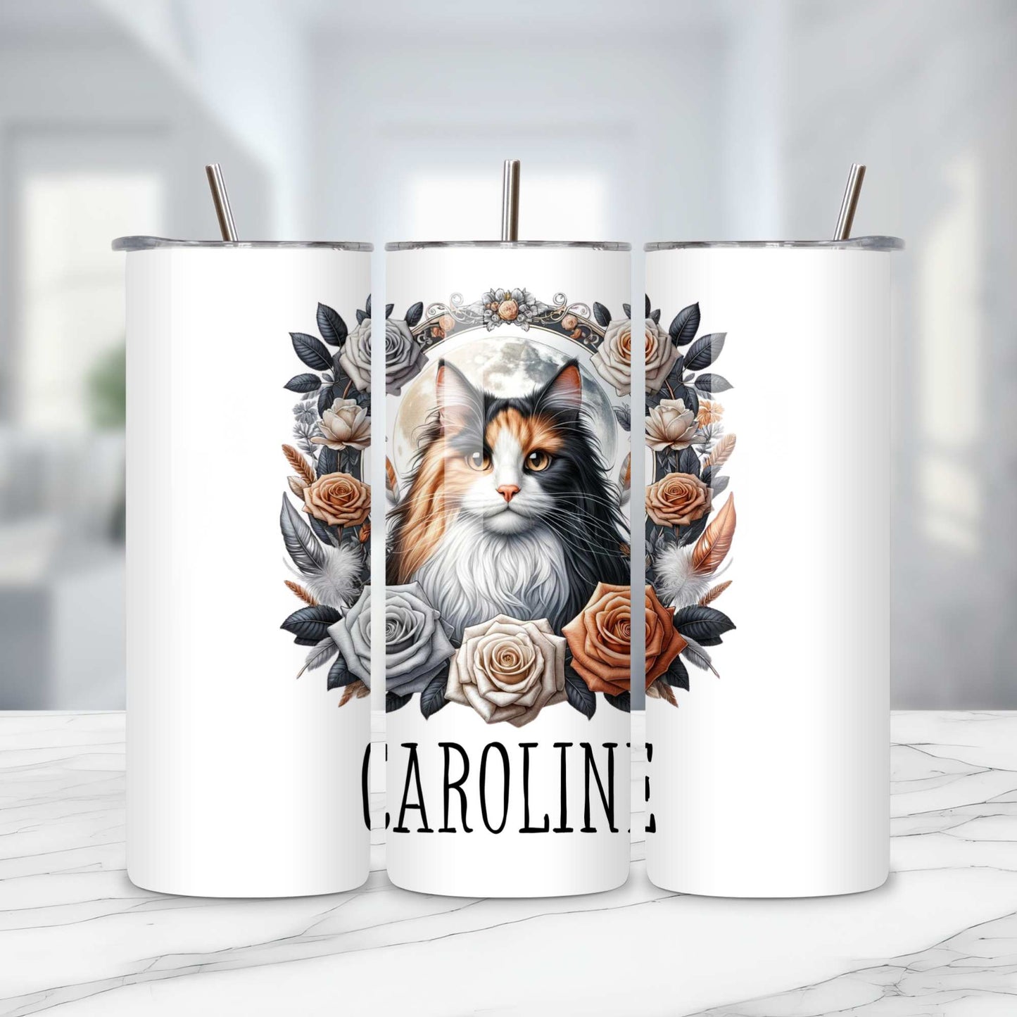 Calico long haired cat personalised tumbler, mug or coaster