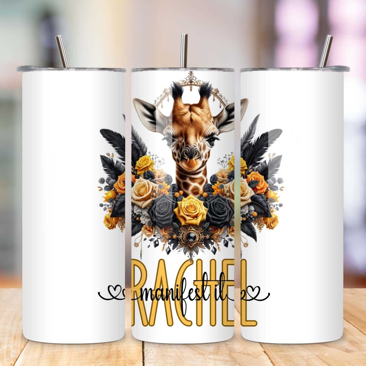 Custom 'Manifest It' Giraffe Mug & Tumbler Set | Inspirational Drinkware | 11oz/15oz Mugs with Colour Options, 20oz Tumbler, Coaster