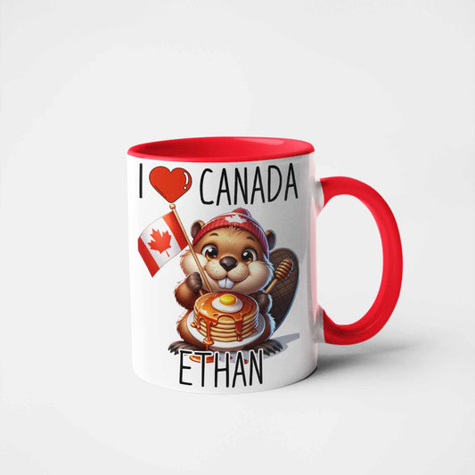 Personalised I love Canada Beaver Mug with Maple Syrup Stack – Custom Name Gift, Canadian Souvenir, Cute Beaver Lover Present