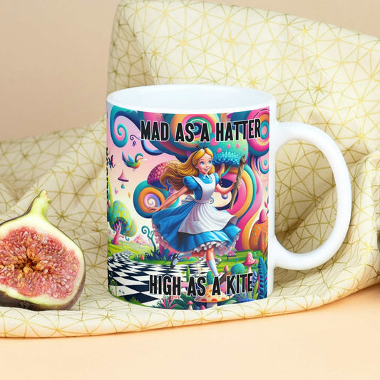 Personalised Mad as a Hatter, High as a Kite Mug - Stoner Novelty Gift, Funny Cannabis Mug, Alice's Adventures in Wonderland Gift for Him or Her