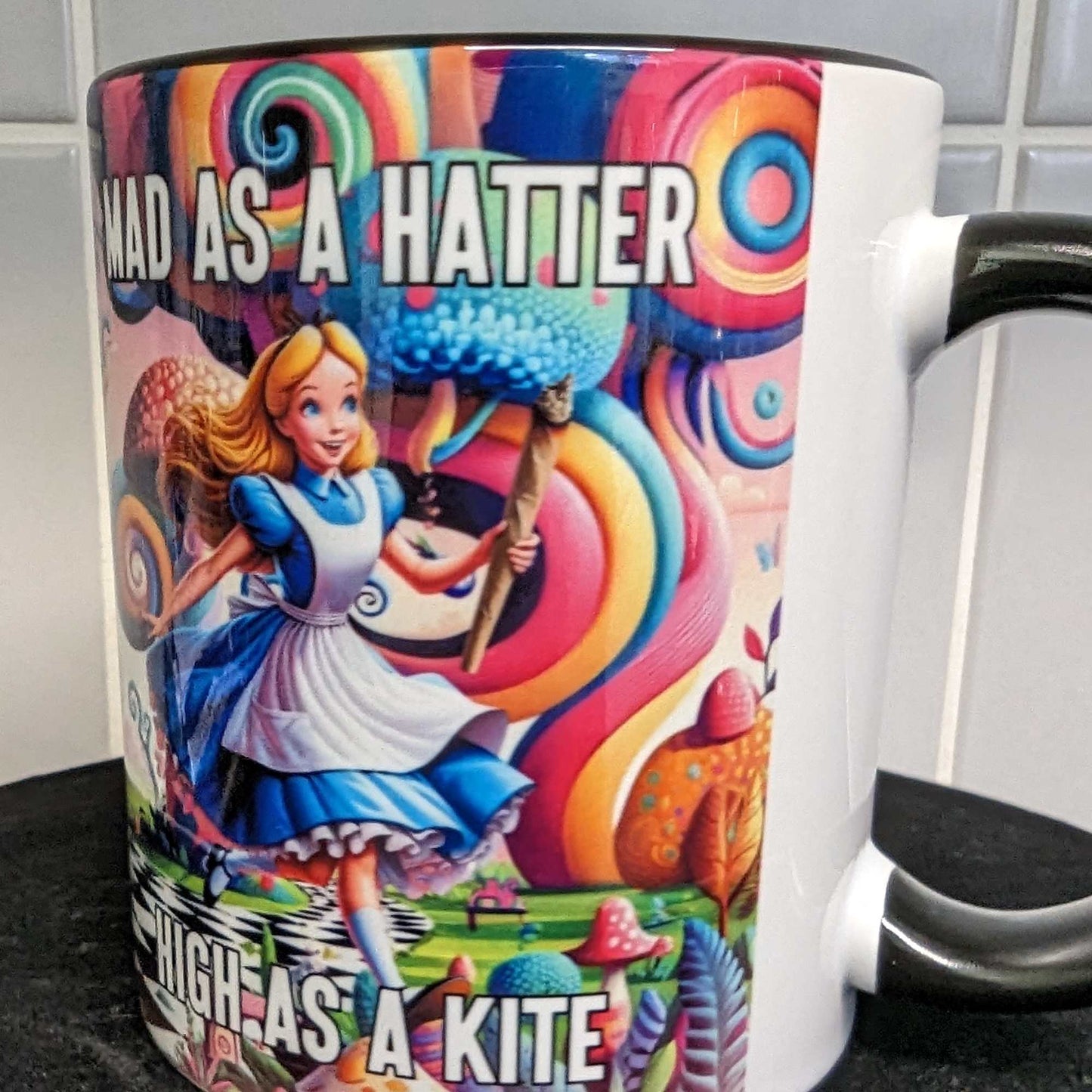 Personalised Mad as a Hatter, High as a Kite Mug - Stoner Novelty Gift, Funny Cannabis Mug, Alice in Wonderland Gift for Him or Her