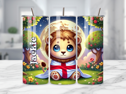 Personalised Baby Lion Tumbler with English Flag - 20oz Stainless Steel, Custom Cute Lion Cub Design