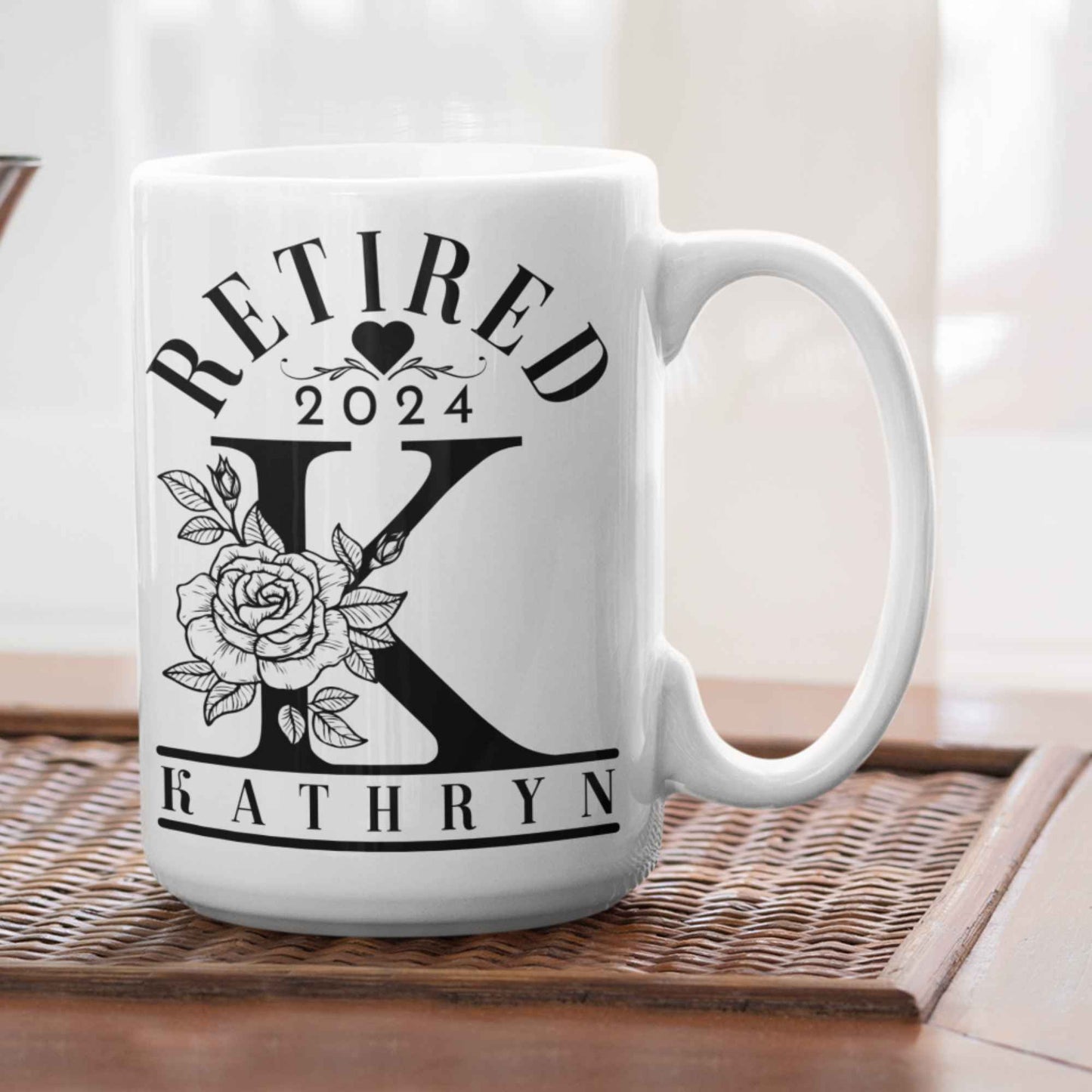 Retired 2024 Custom Name Mug - Personalised Retirement Gifts for Women, Elegant Retirement Mugs, UK