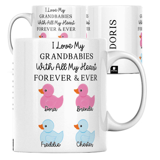 Personalised Grandparent Mug - Customised with Grandchildren's Names and Genders | Unique Duck Gift for Nan, Granny, Grandad | Special Keepsake Mug