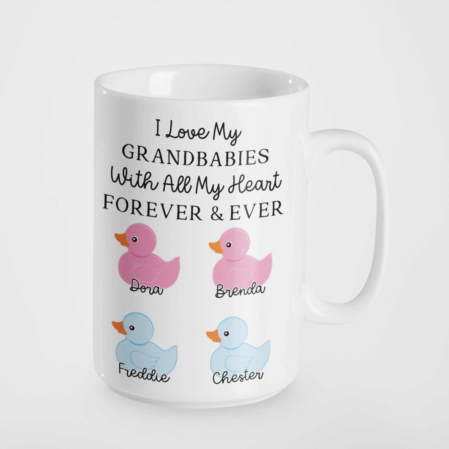 Personalised Grandparent Mug - Customised with Grandchildren's Names and Genders | Unique Duck Gift for Nan, Granny, Grandad | Special Keepsake Mug